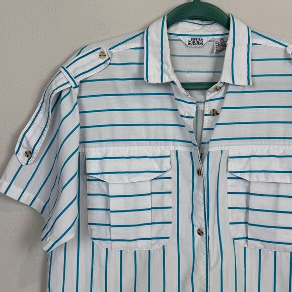 Vintage Here’s a Hug White Turquoise Striped Boxy Camp Shirt 80s M - Picture 2 of 7